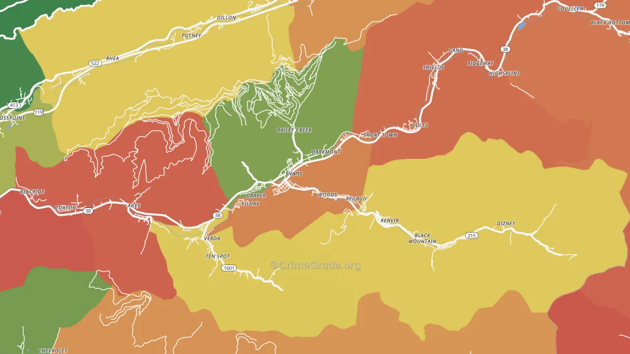 Evarts, KY Map of Assault Rates