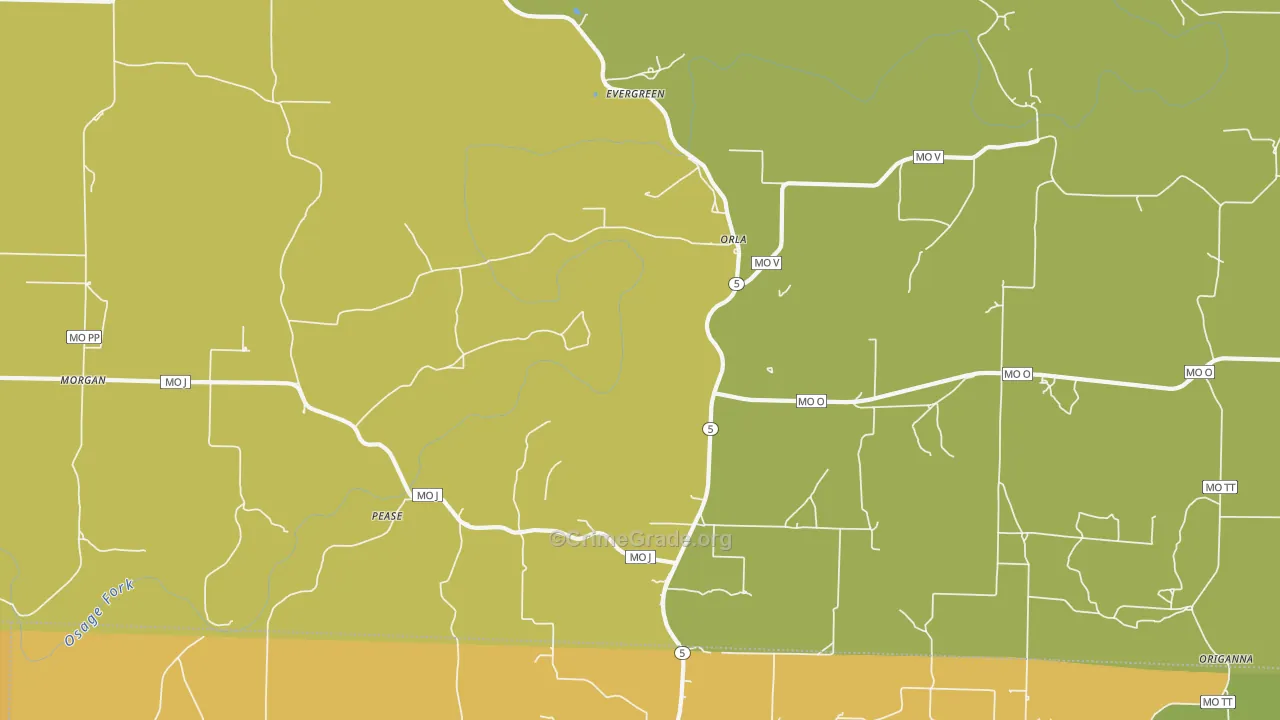 Evergreen, MO Map of Assault Rates
