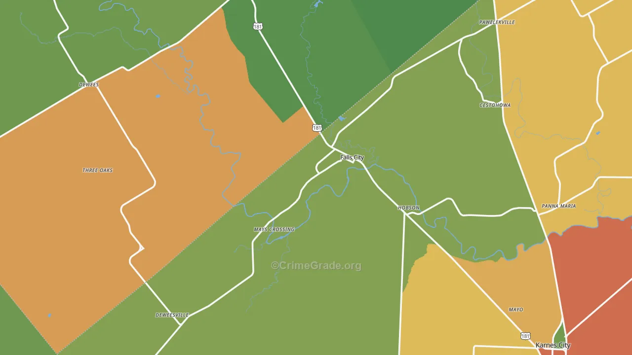Falls City, TX Map of Assault Rates
