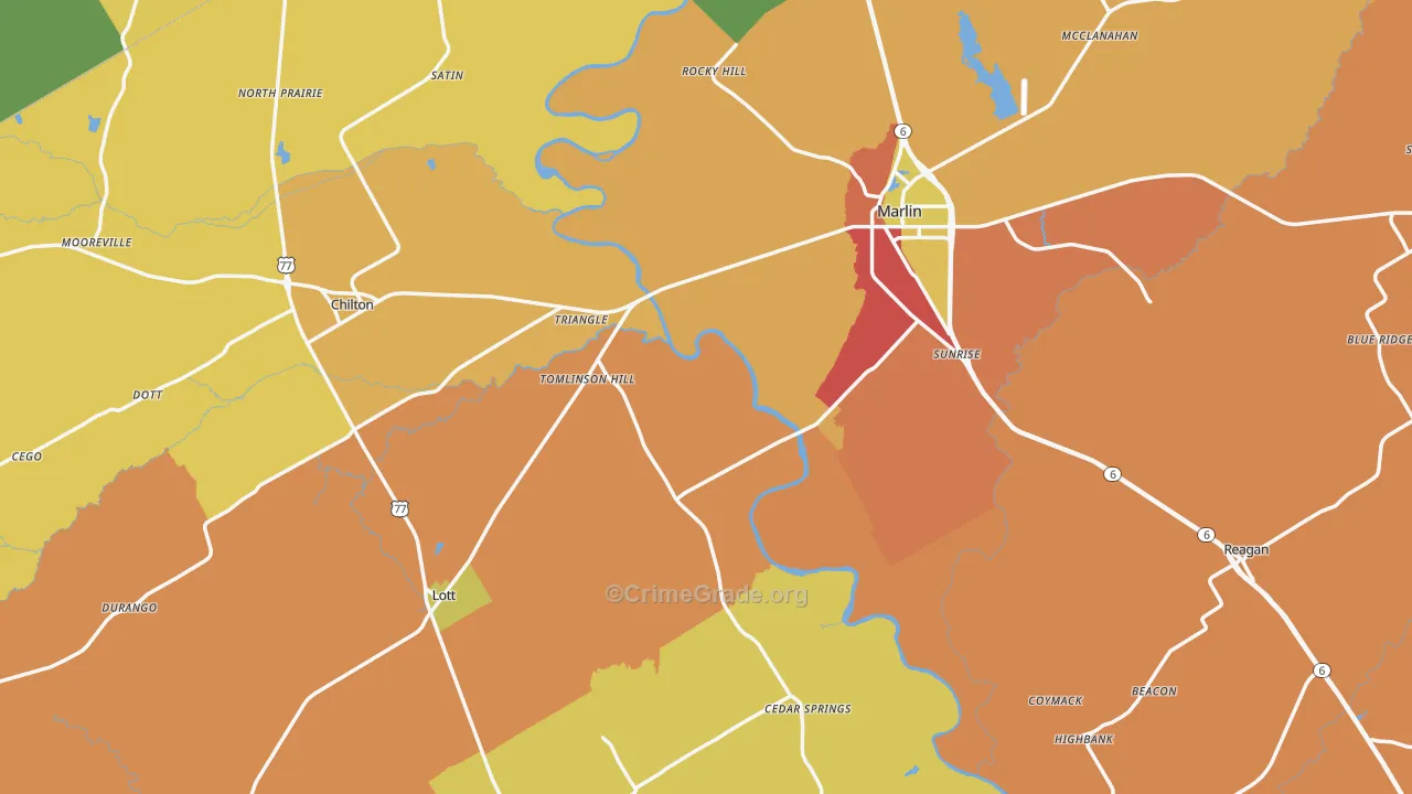 Falls County, TX Map of Assault Rates