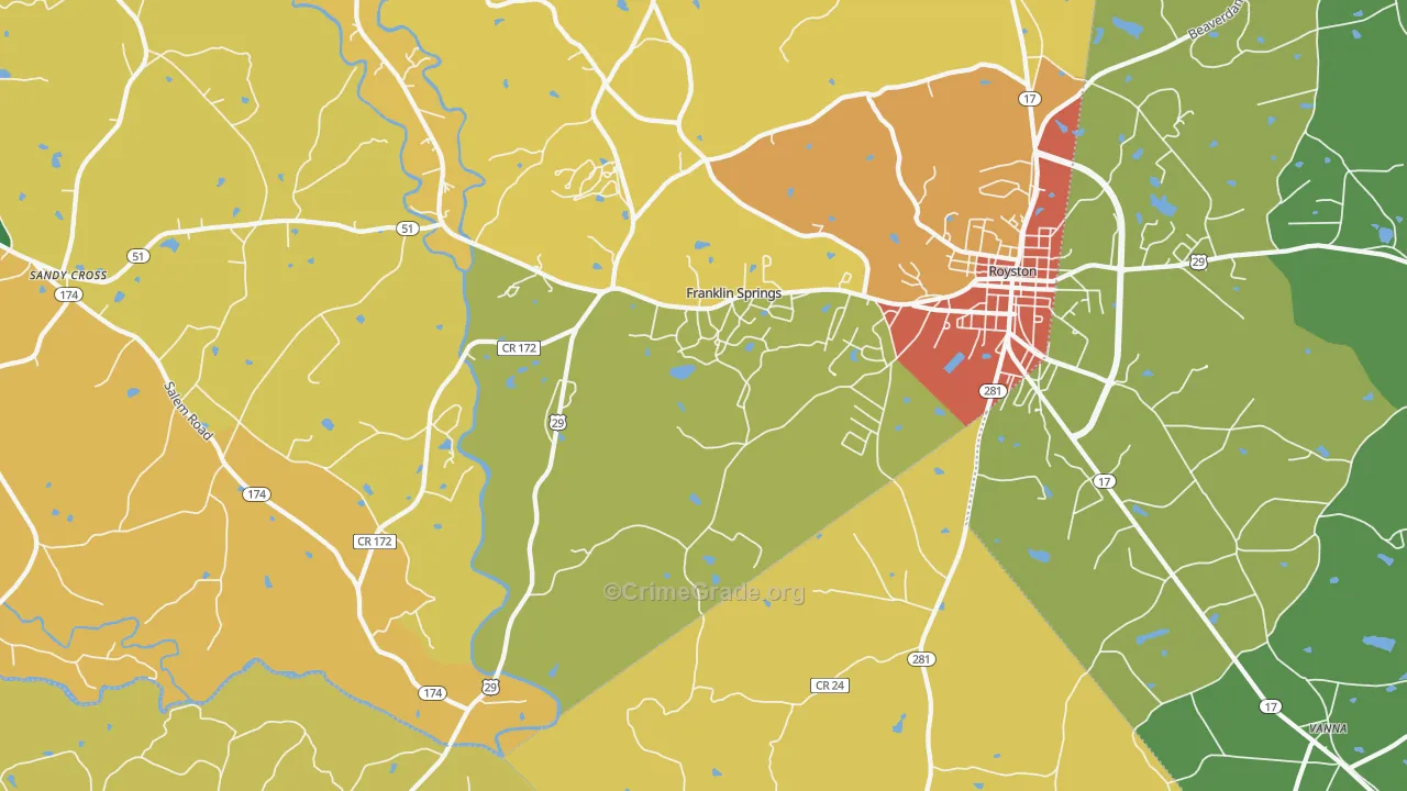 Franklin Springs, GA Map of Assault Rates