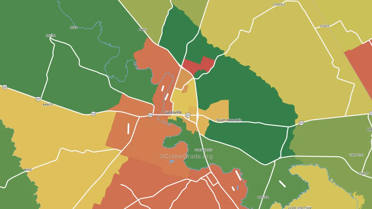 Gatesville, TX Map of Assault Rates