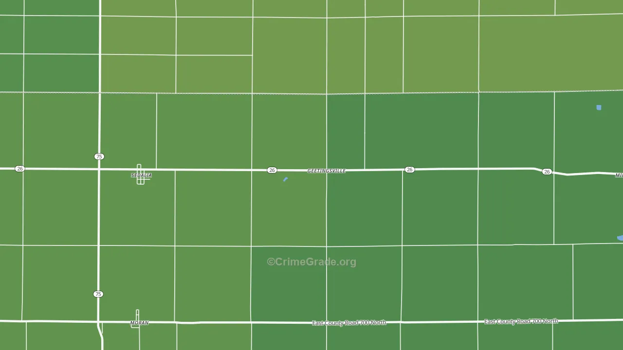 Geetingsville, IN Map of Assault Rates