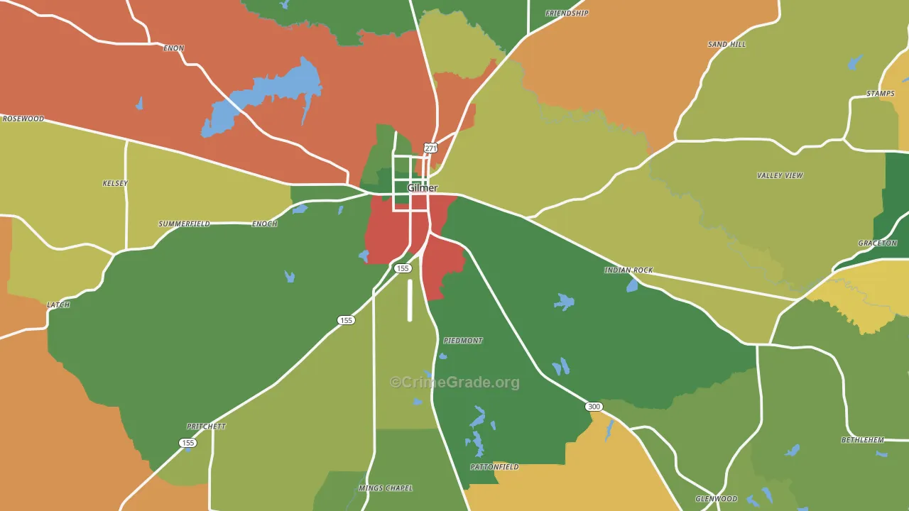 Gilmer, TX Map of Assault Rates