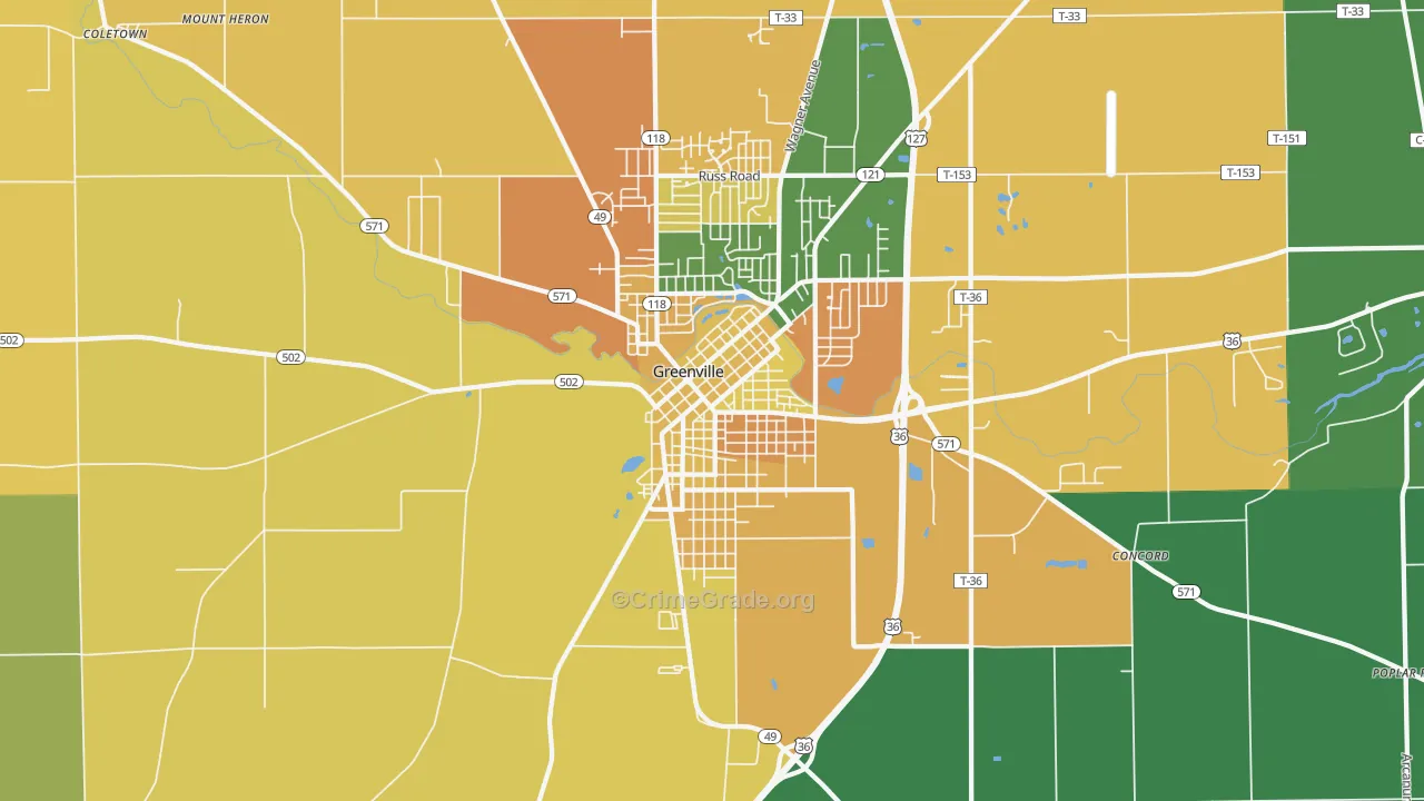 Greenville South Broadway Historic District, Greenville, OH Map of Assault Rates