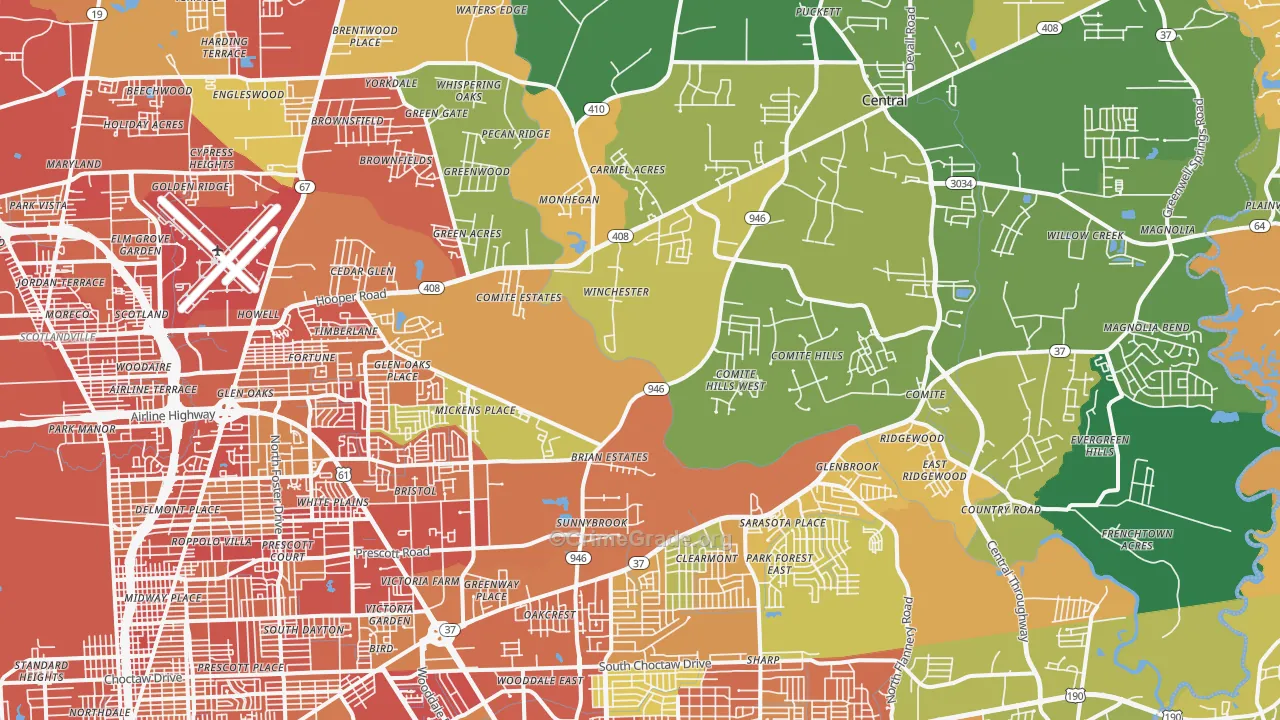 Greenwell Springs-Central Area, Baton Rouge, LA Map of Assault Rates