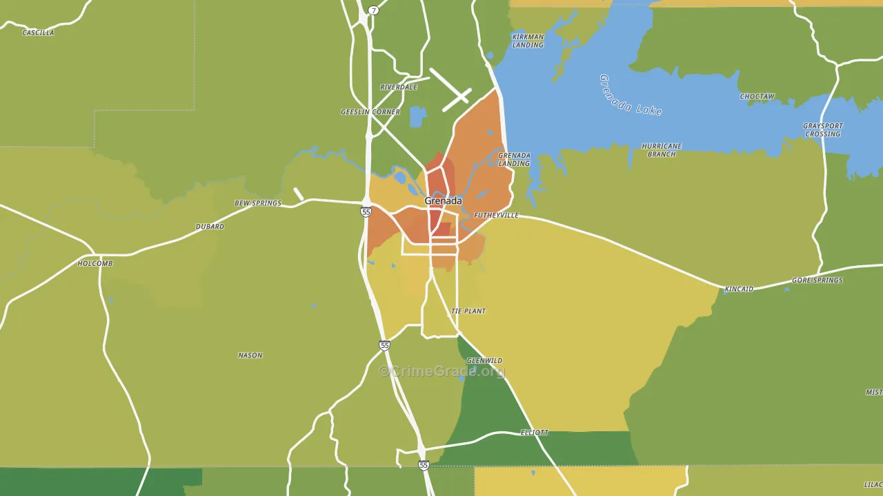 Grenada County, MS Map of Assault Rates