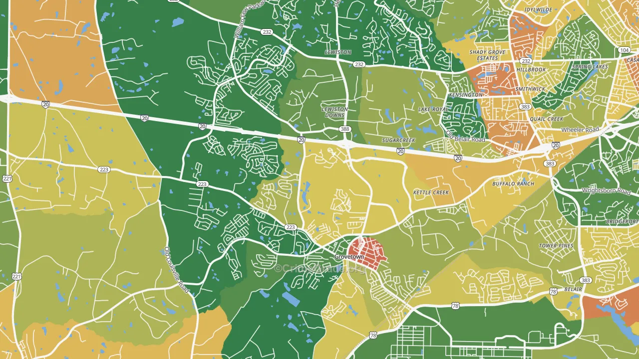 Grovetown, GA Map of Assault Rates
