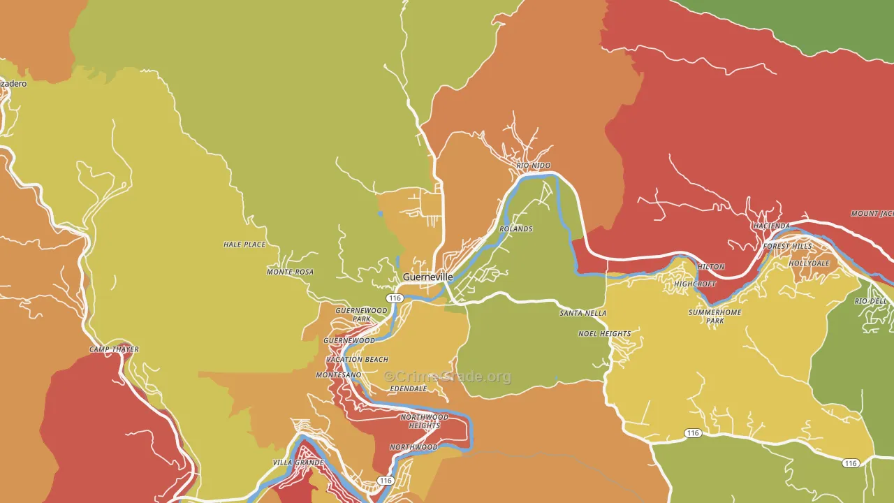 Guerneville, CA Map of Assault Rates