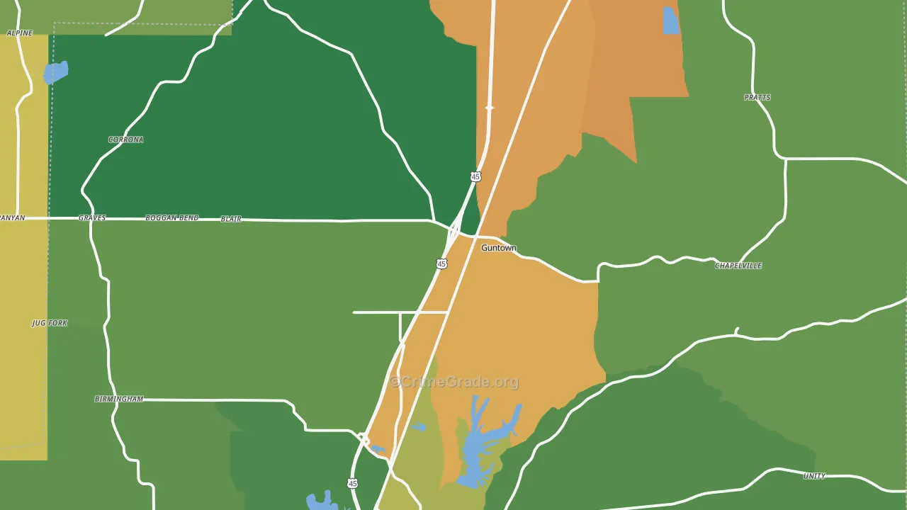 Guntown, MS Map of Assault Rates