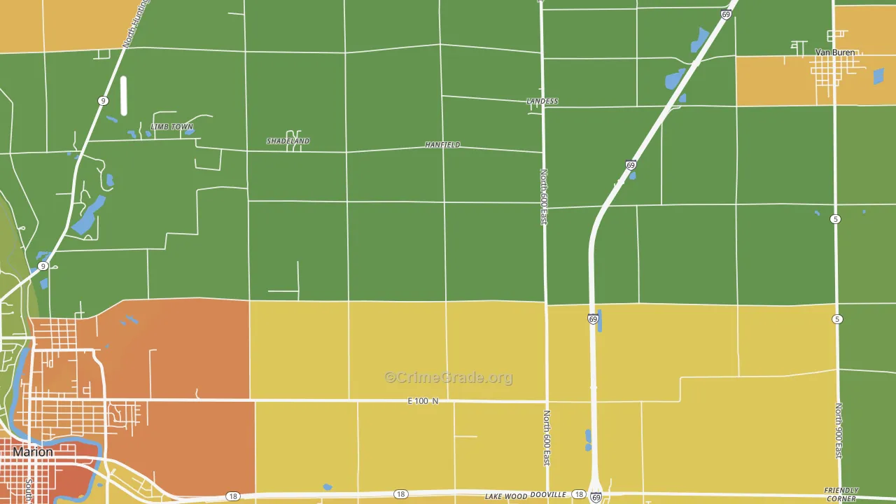 Hanfield, IN Map of Assault Rates