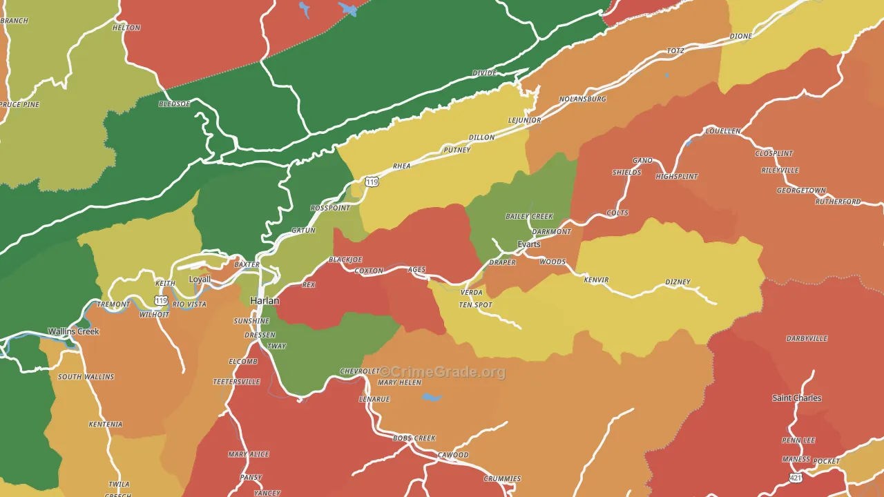 Harlan County, KY Map of Assault Rates