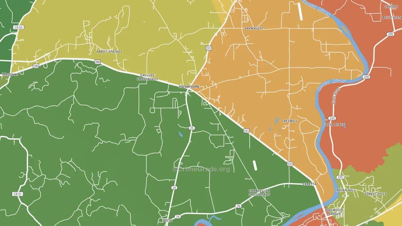 Harpersville, AL Map of Assault Rates