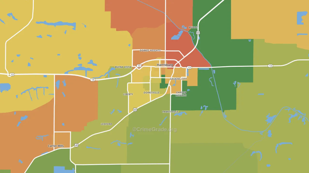 Harrisburg, IL Map of Assault Rates