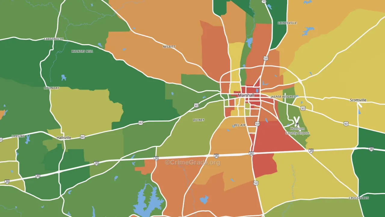 Harrison County, TX Map of Assault Rates
