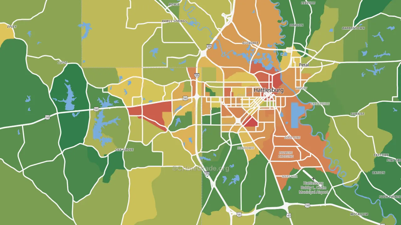 Hattiesburg, MS Map of Assault Rates
