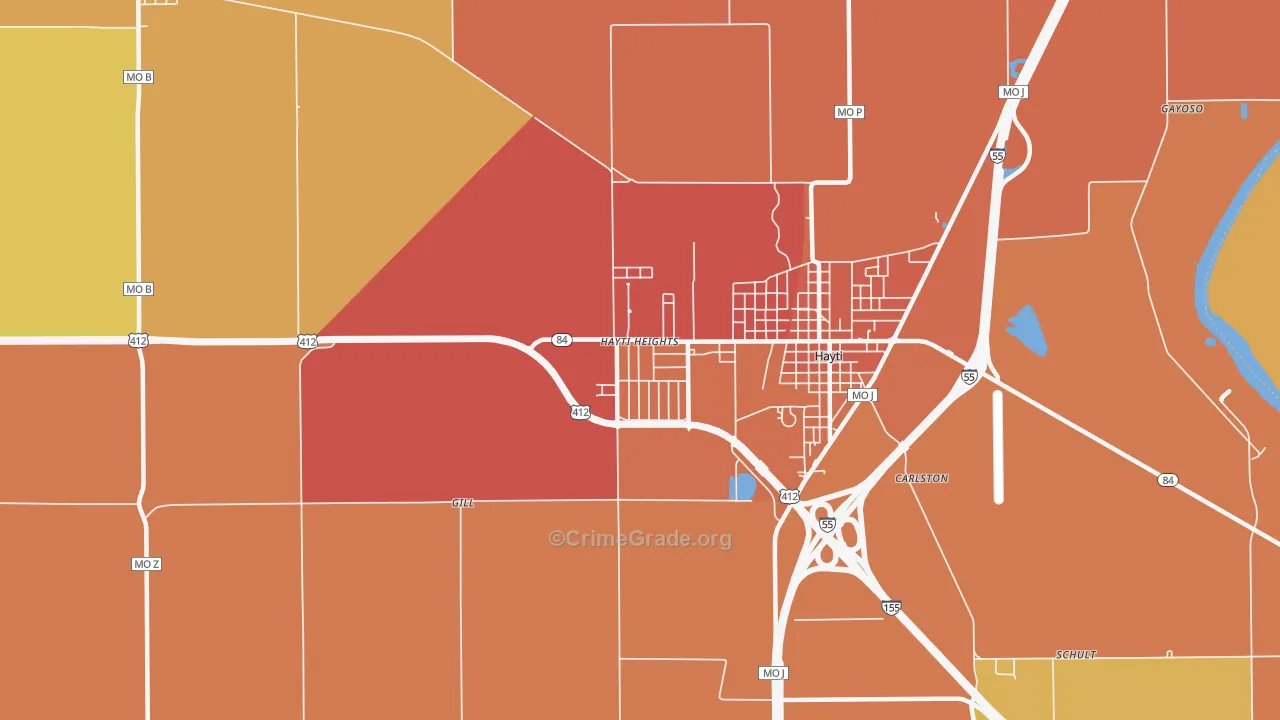 Hayti Heights, MO Map of Assault Rates