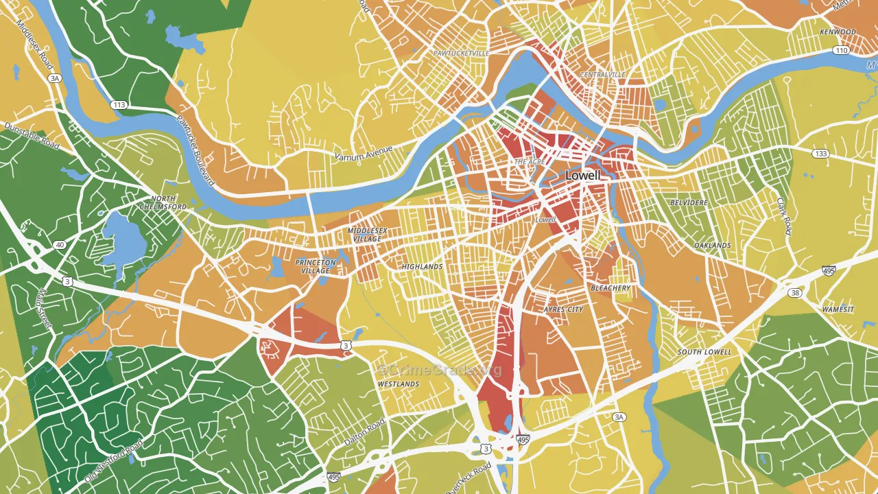 Highlands, Lowell, MA Map of Assault Rates
