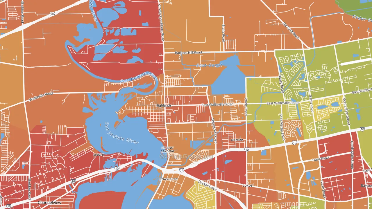 Highlands, TX Map of Assault Rates