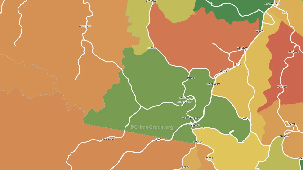 Hueysville, KY Map of Assault Rates
