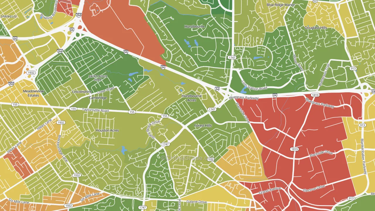Hurstbourne Acres, KY Map of Assault Rates
