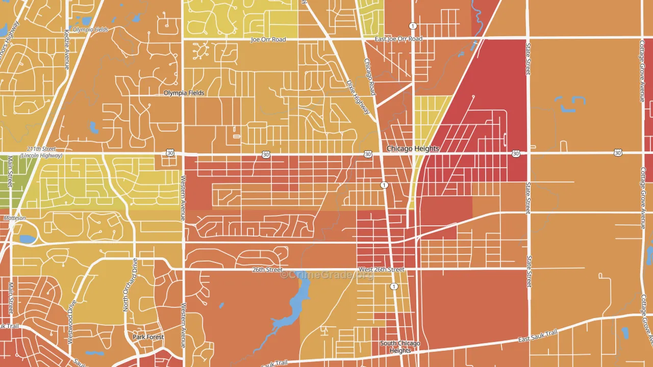 Indian Hill, Chicago Heights, IL Map of Assault Rates