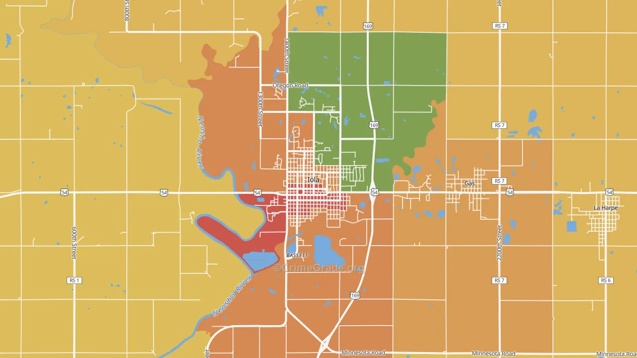 Iola, KS Map of Assault Rates