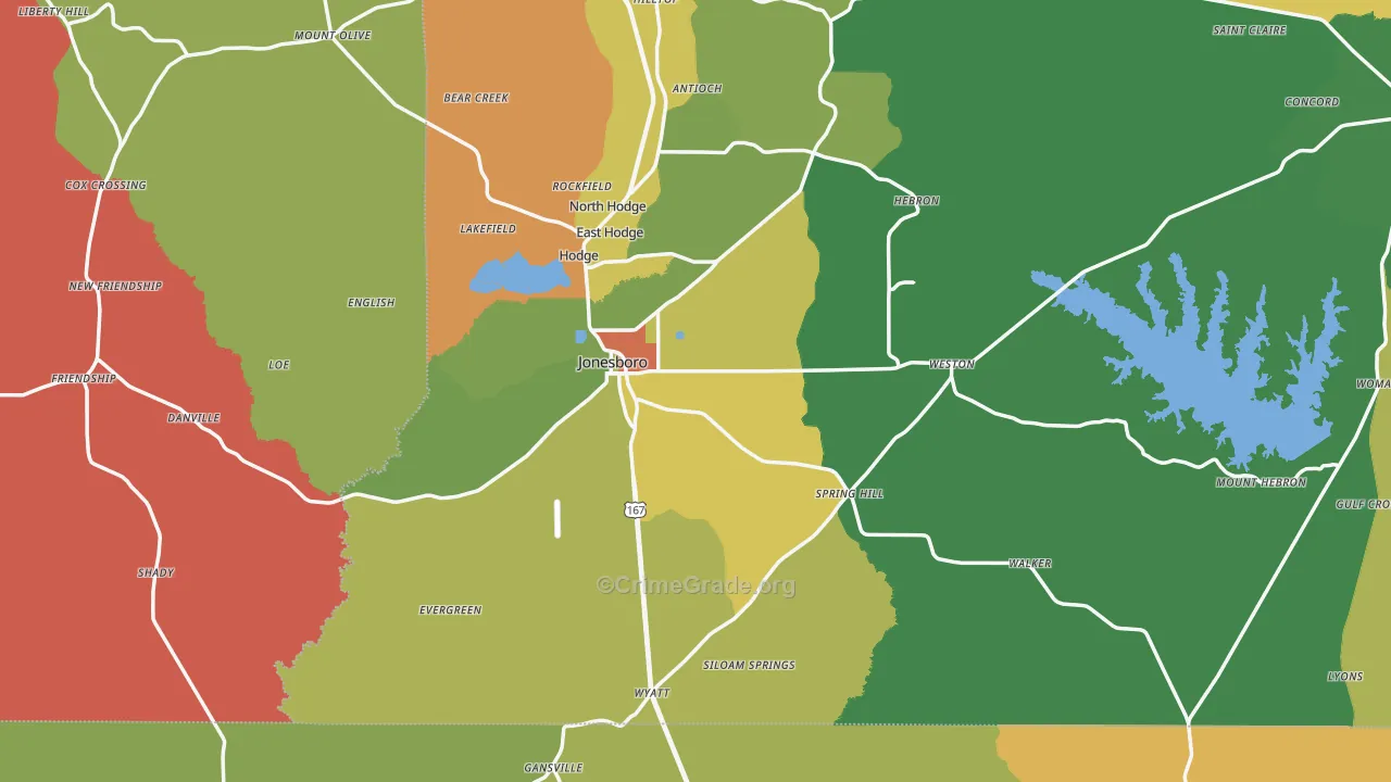 Jonesboro, LA Map of Assault Rates