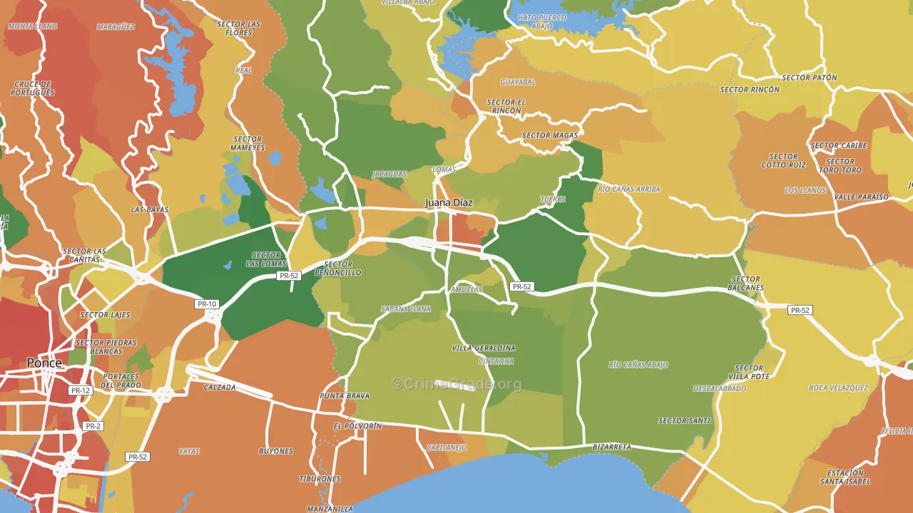 Juana Diaz Municipio, PR Map of Assault Rates
