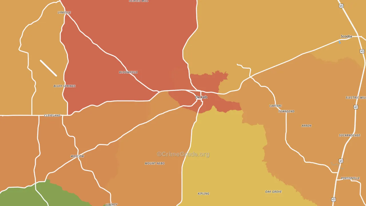 Kemper County, MS Map of Assault Rates