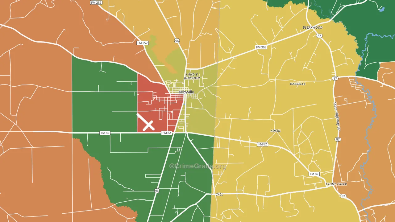 Kirbyville, TX Map of Assault Rates