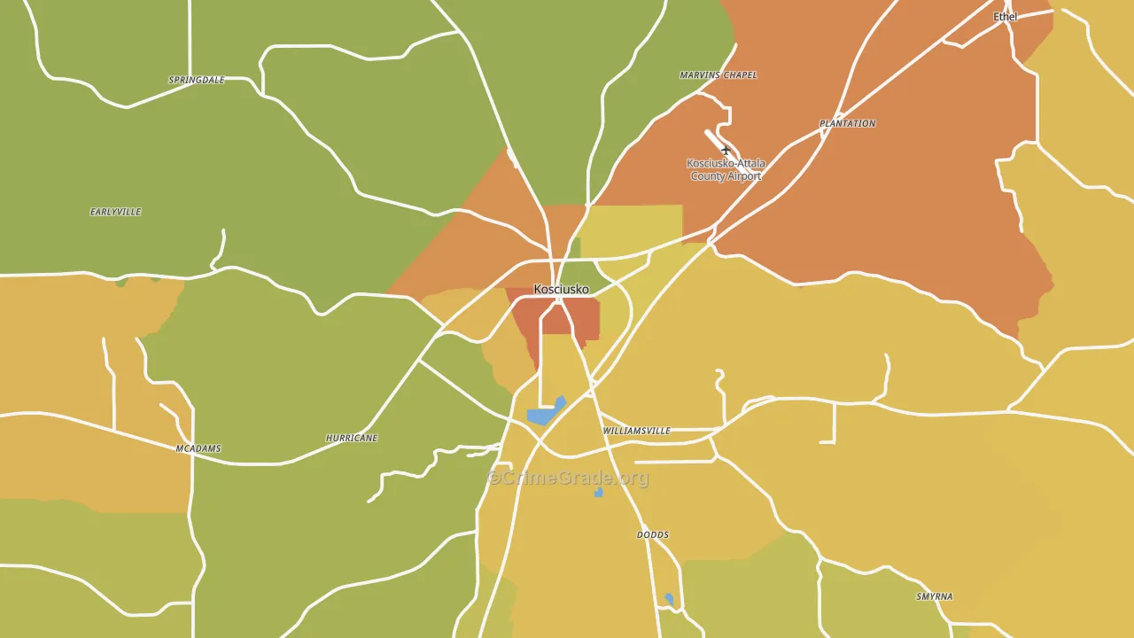 Kosciusko, MS Map of Assault Rates