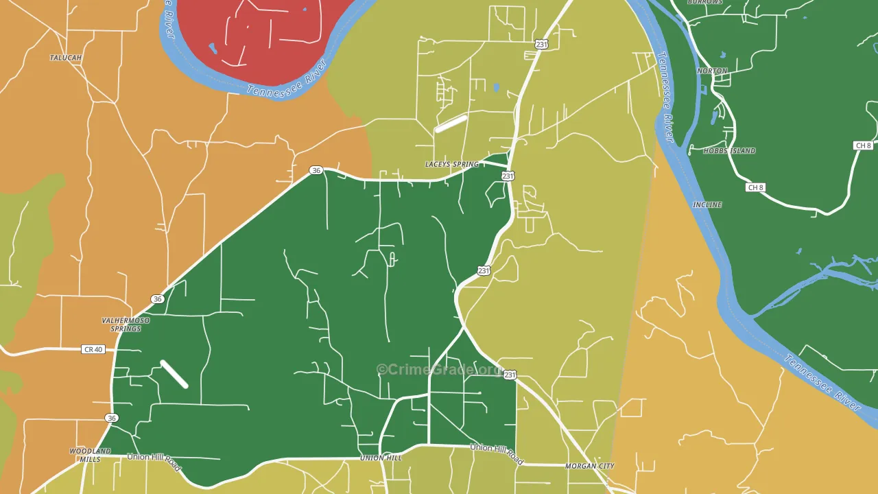 Laceys Spring, AL Map of Assault Rates