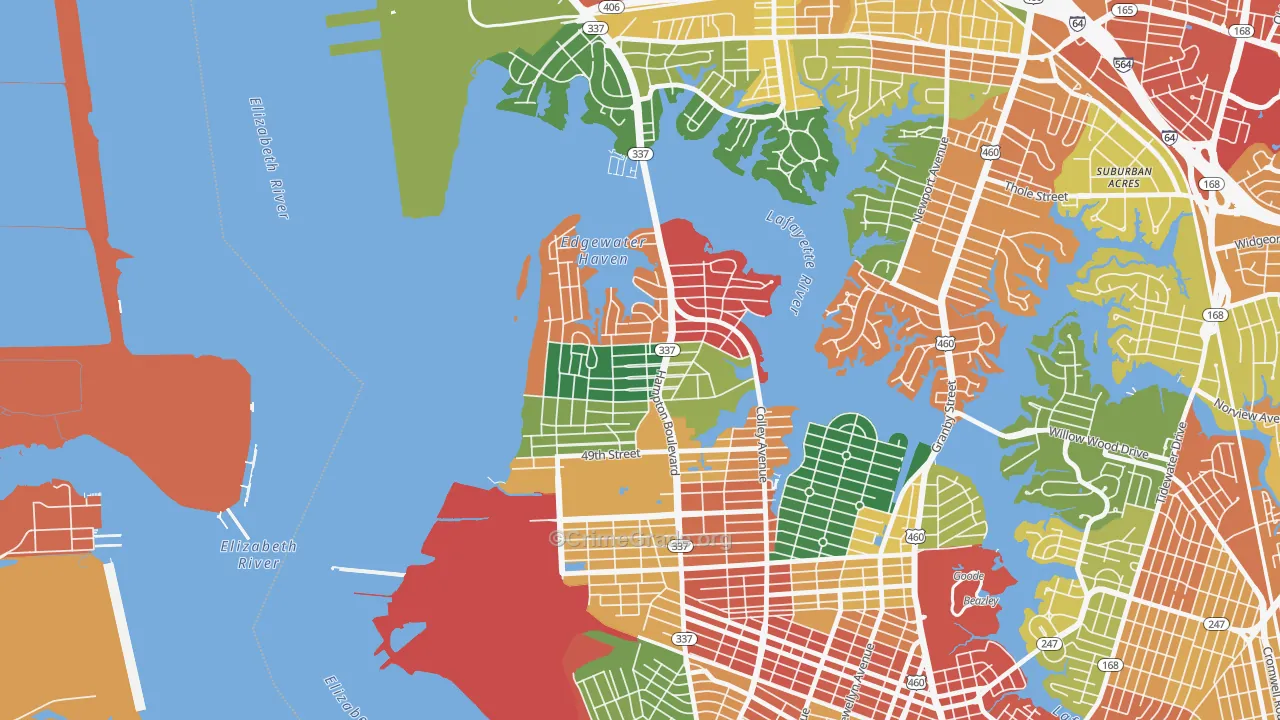 Larchmont-Edgewater, Norfolk, VA Map of Assault Rates