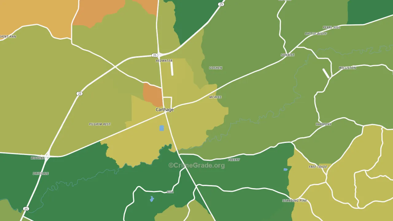 Leake County, MS Map of Assault Rates