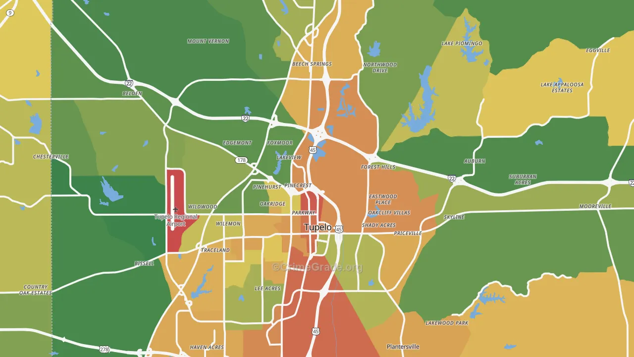 Lee County, MS Map of Assault Rates