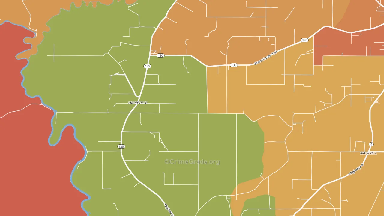 Liddieville, LA Map of Assault Rates