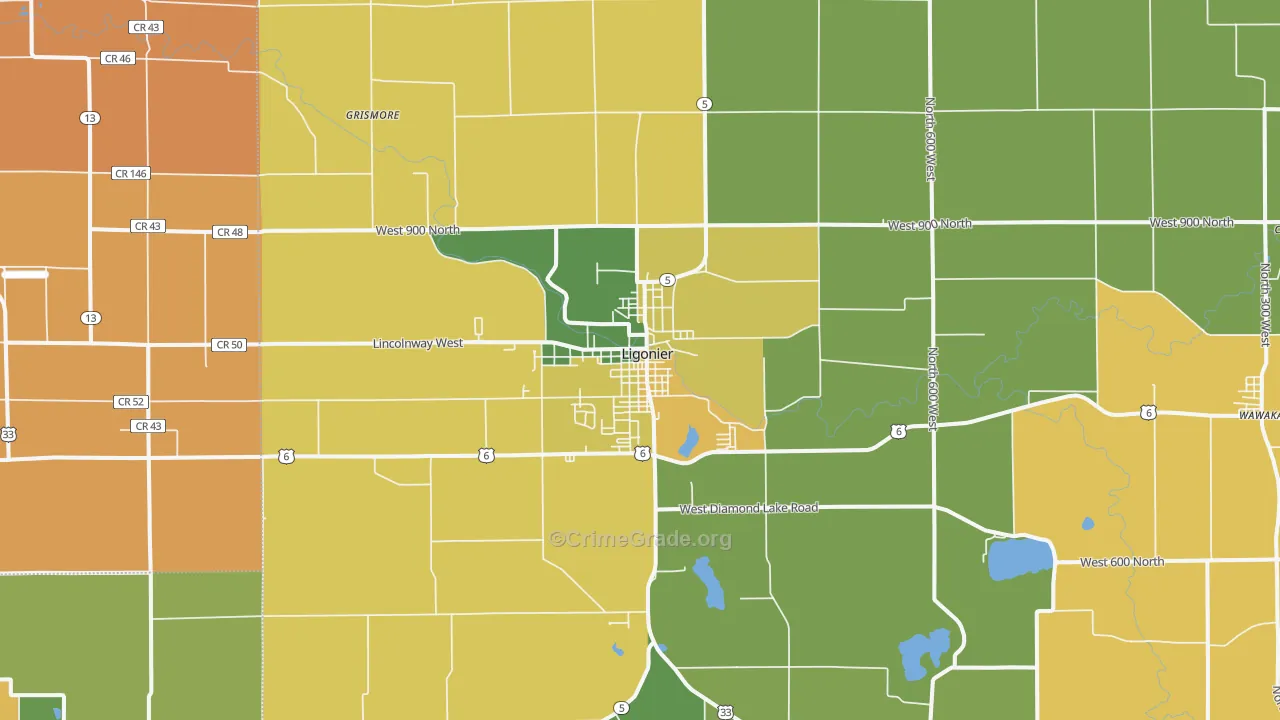 Ligonier, IN Map of Assault Rates