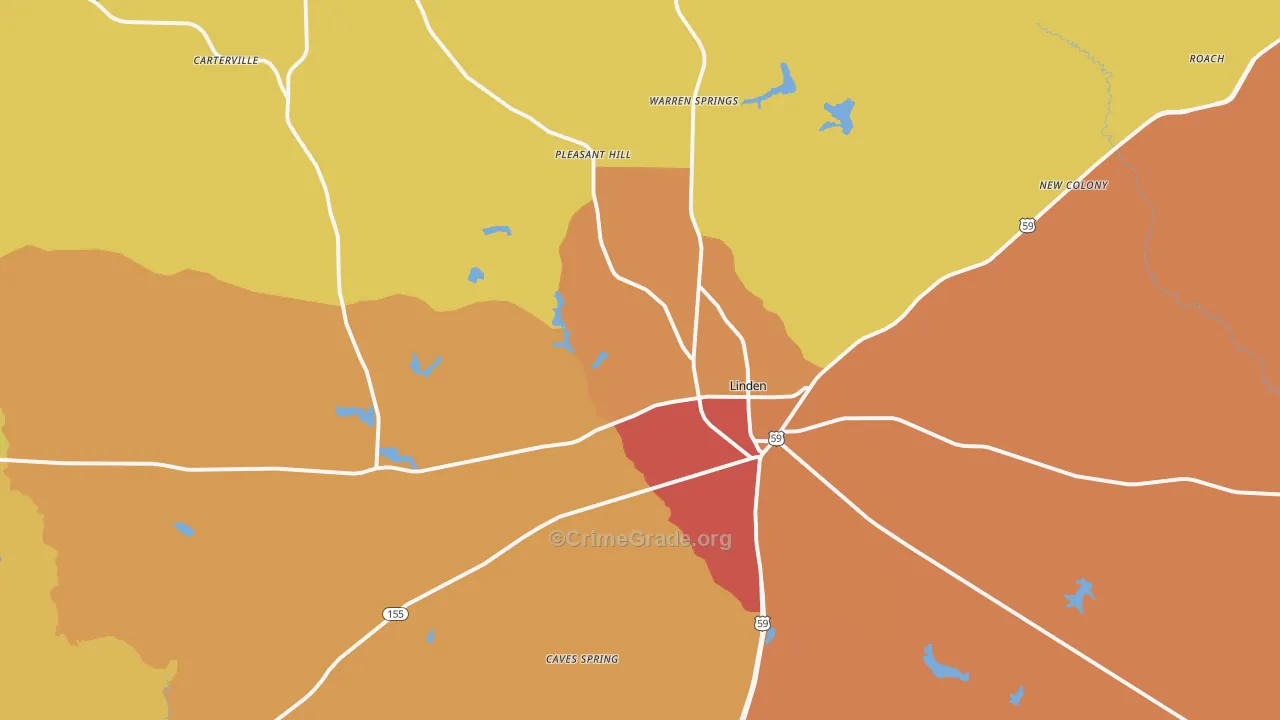 Linden, TX Map of Assault Rates