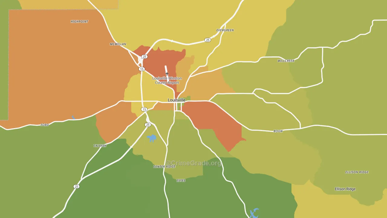 Louisville, MS Map of Assault Rates