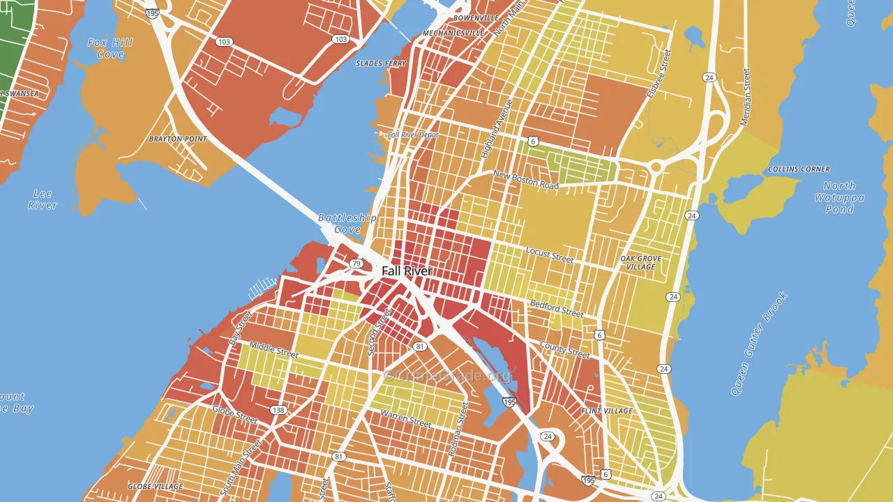 Lower Highlands, Fall River, MA Map of Assault Rates