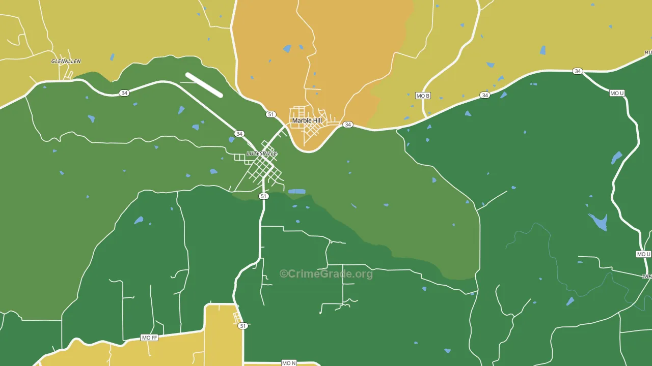 Lutesville, MO Map of Assault Rates