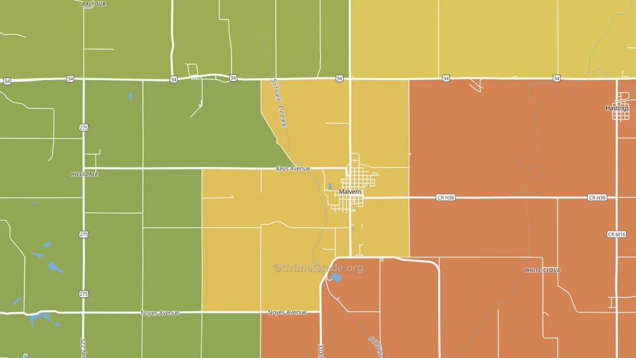 Malvern, IA Map of Assault Rates