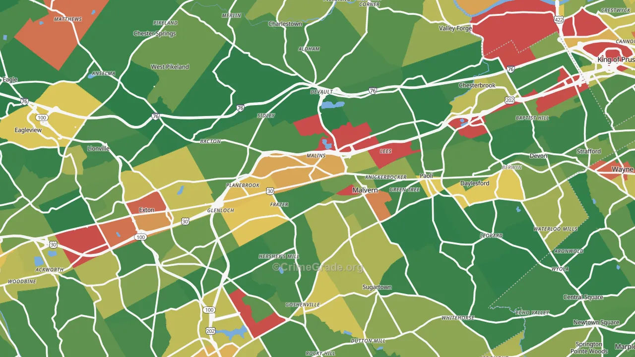 Malvern, PA Map of Assault Rates