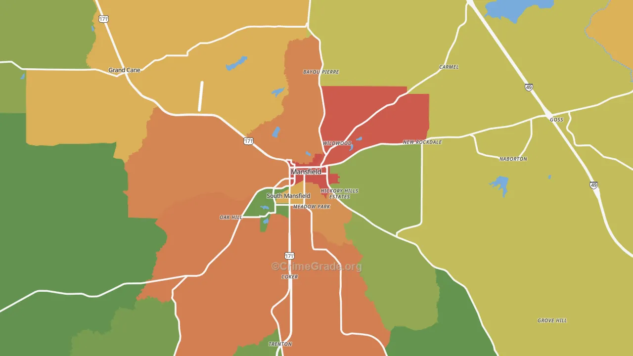 Mansfield, LA Map of Assault Rates
