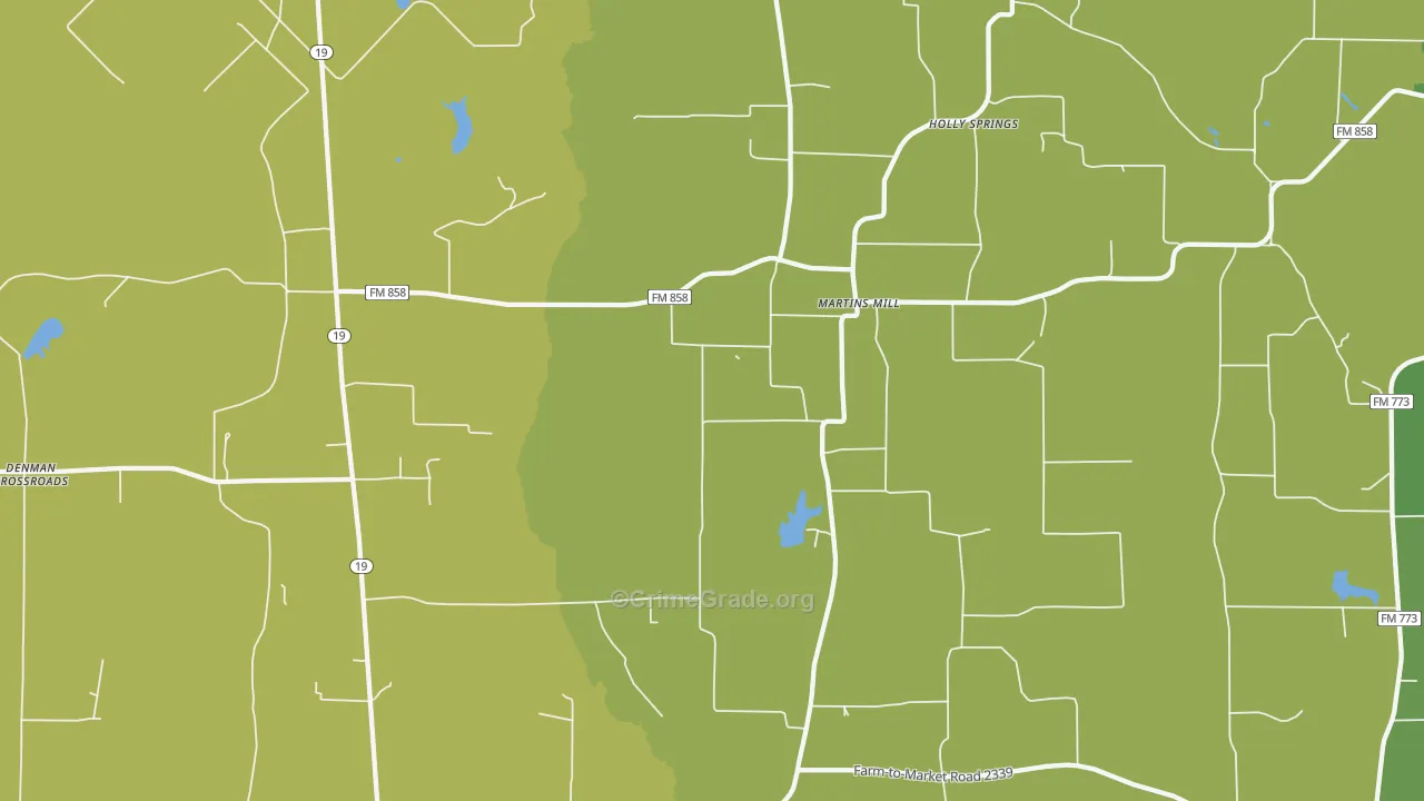 Martins Mill, TX Map of Assault Rates