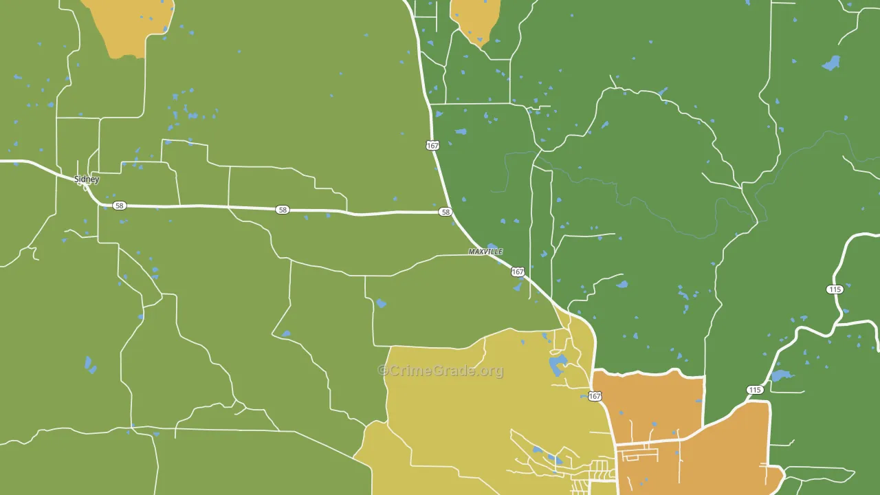Maxville, AR Map of Assault Rates
