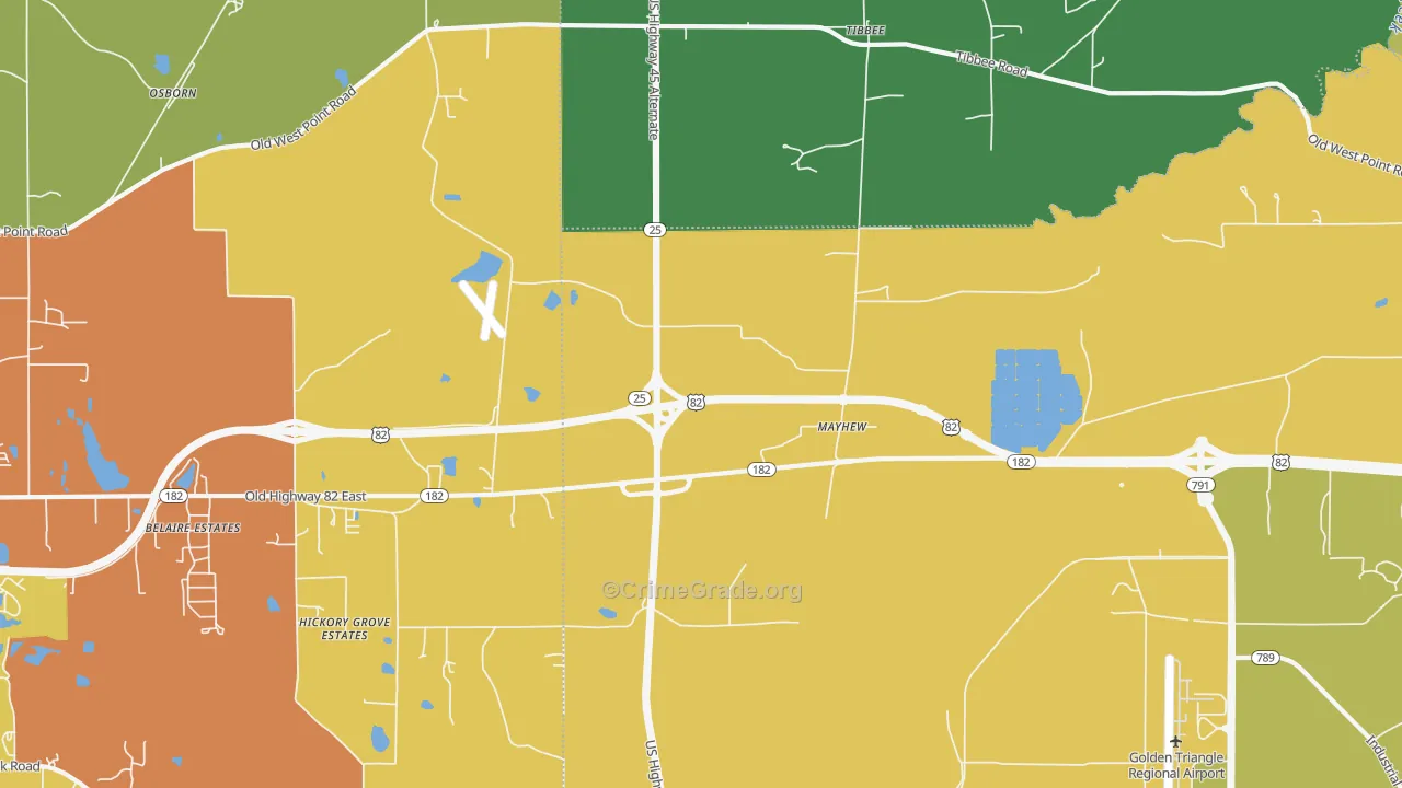 Mayhew, MS Map of Assault Rates