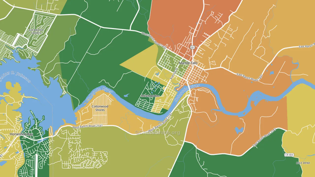 Meadowlakes, TX Map of Assault Rates