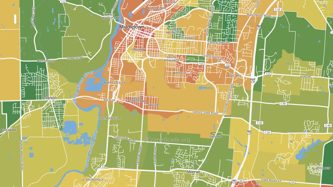 Middletown, OH Map of Assault Rates
